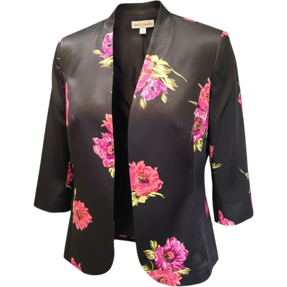 Draper's & Damon's Womens 14 Black Pink Floral 100% Silk Mandarin Blazer Jacket